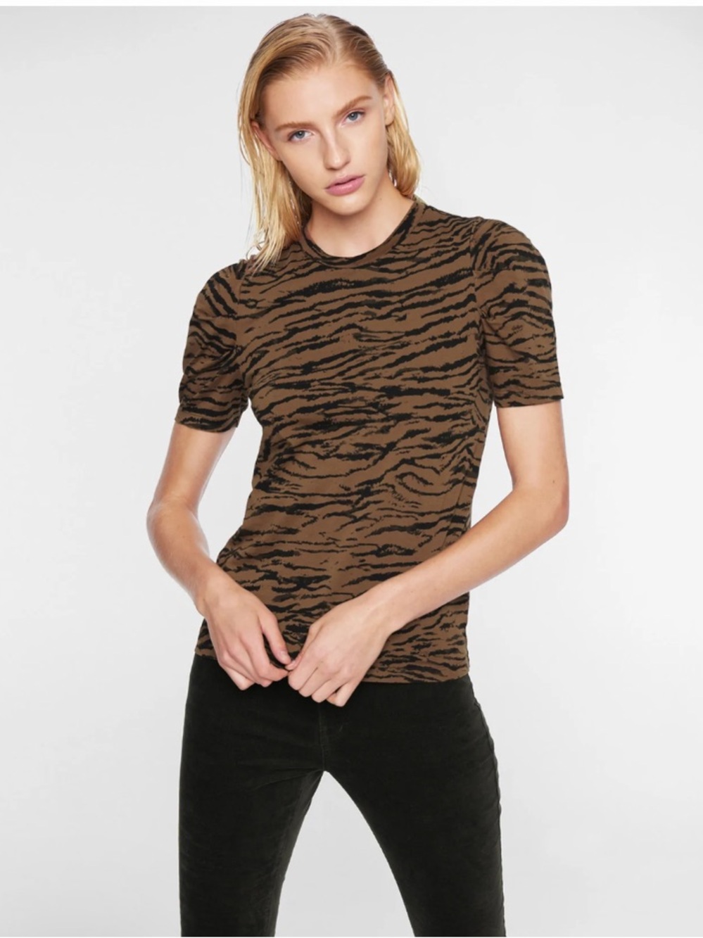 Pam & Gela Tiger Animal Print Black and Brown Puff Sleeve Cotton Top Size S